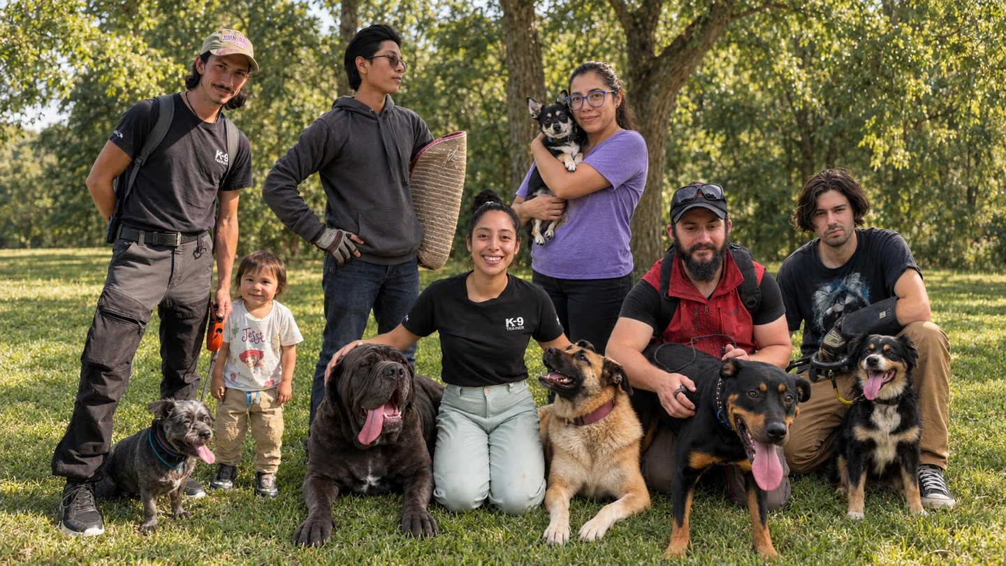 A digitally created group portrait of the Angier K9 team in a sunny park: six adults and a toddler with six dogs, one trainer holding a bite sleeve