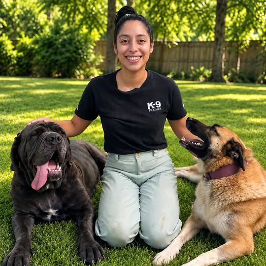 Gemma smiling as she kneels on the grass between a black mastiff and a tan shepherd