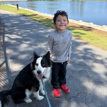 A young boy smiles beside a black and white dog near a lake on a sunny day.
